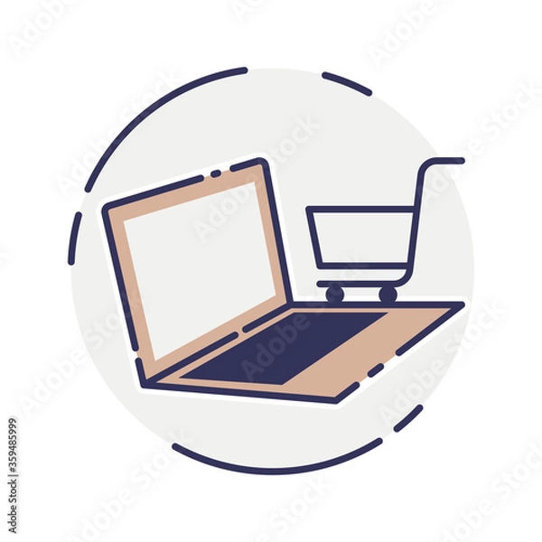 Fototapeta vector laptop computer online shop. Laptop and cart, online marketing elements. shopping from home. Illustration E-commerce Shopping Symbols.