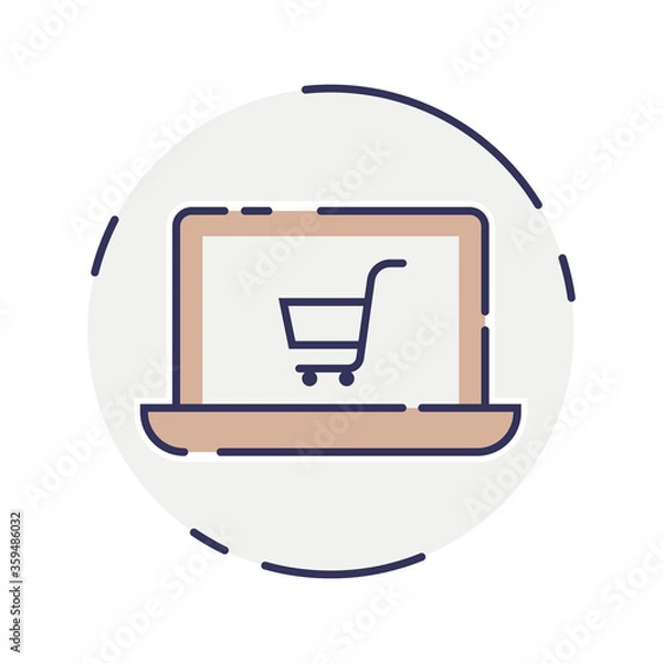 Fototapeta vector laptop computer online shop. Laptop and cart, online marketing elements. shopping from home. Illustration E-commerce Shopping Symbols.
