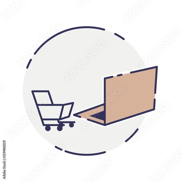 Fototapeta vector laptop computer online shop. Laptop and cart, online marketing elements. shopping from home. Illustration E-commerce Shopping Symbols.