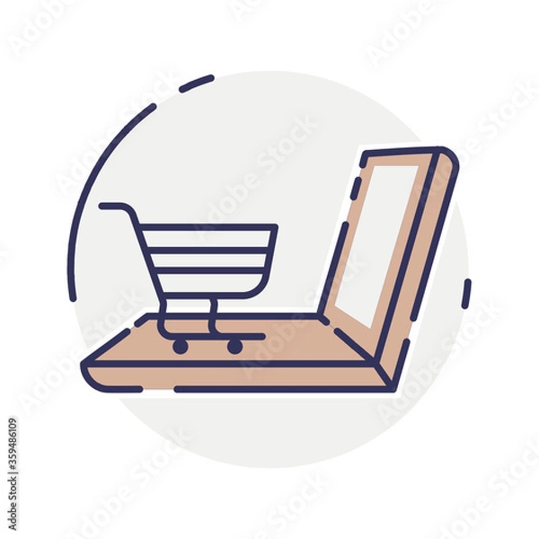 Fototapeta vector laptop computer online shop. Laptop and cart, online marketing elements. shopping from home. Illustration E-commerce Shopping Symbols.