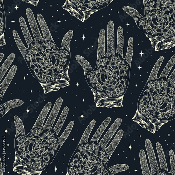 Fototapeta JPEG drawn seamless pattern, decorated tattooed arm with rose. Ornamental graphic yoga hand of the cosmic universe. Design print t-shirt, fabric. Pattern yellow color line on a cosmos dark back