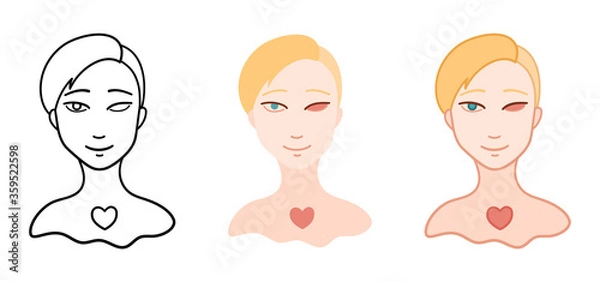 Fototapeta Portrait of girl without eye in different styles set. Body positive.