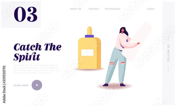 Fototapeta Aircraft Modeling Landing Page Template. Tiny Female Character Hold Detail from Airplane Model at Huge Bottle with Glue. Handmade, Woman Creative Hobby Occupation. Cartoon Vector Illustration