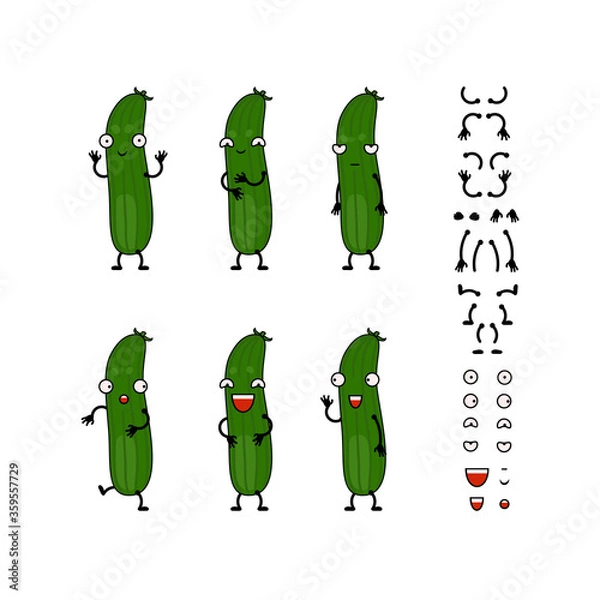 Obraz Funny cartoon cucumber character creation set vector illustration. Constructor with various gesture, emotion.