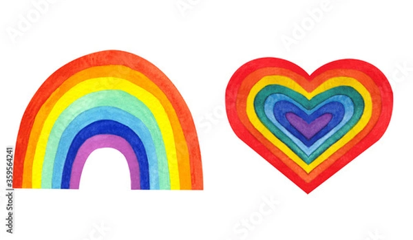 Obraz Watercolor rainbow and color heart. Hand drawn colors stroke isolated on whitebac kground