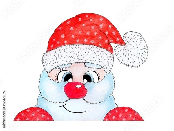 Fototapeta New Year Santa Claus smiles in a red hat and red mittens