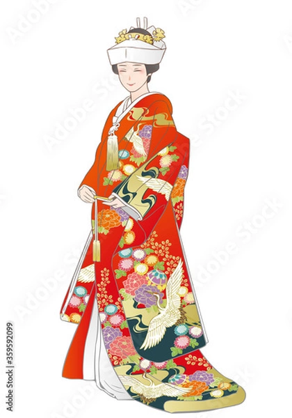 Fototapeta 赤い色打掛姿の女性　ベクターイラスト