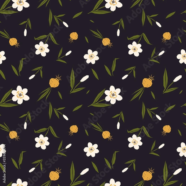 Fototapeta folk art style vintage retro vibe daffodil seamless repeated pattern in dark blue background