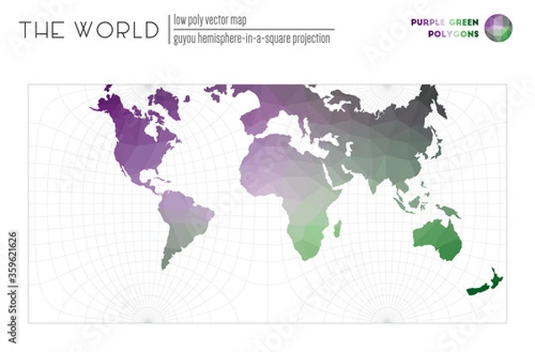 Fototapeta Low poly design of the world. Guyon hemisphere-in-a-square projection of the world. Purple and green colored polygons. Contemporary vector illustration.