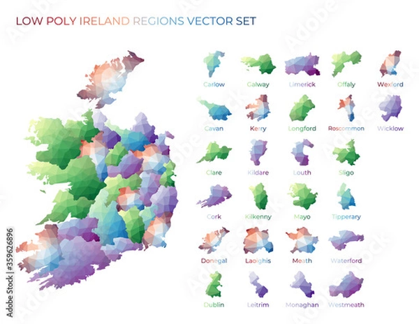 Fototapeta Irish low poly regions. Polygonal map of Ireland with regions. Geometric maps for your design. Elegant vector illustration.