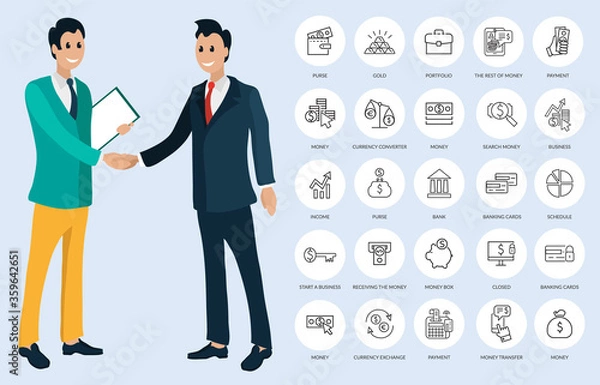 Fototapeta Workers shaking hands, round buttons or links. Purse and gold, portfolio and payment, currency converter and exchange, search and receiving money vector