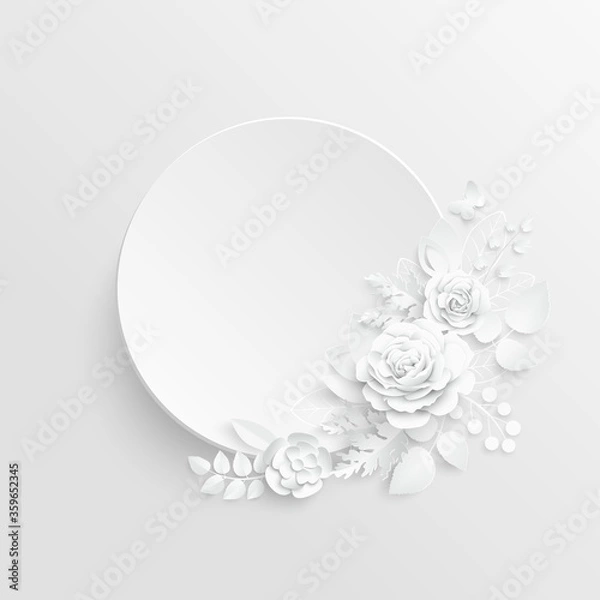 Fototapeta White rose. Round frame with abstract cut flowers. Vector illustration.
