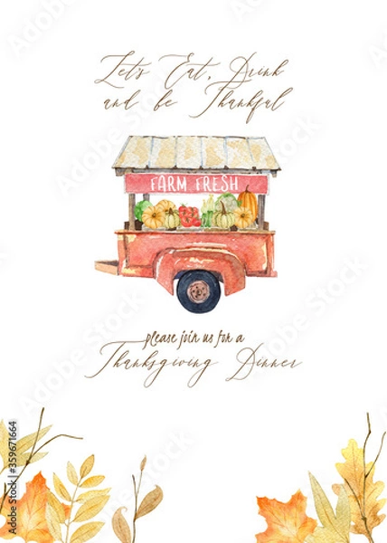 Fototapeta Watercolor seasonal invitation with farm truck, autumn leaves, floral elements, and pumpkin in fall colors. Perfect for prints, flyers, banners, invitations, promotions, and more.