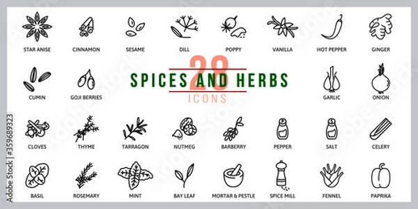 Fototapeta Set of icons Spices and Herbs. Outline illustration vector. Pictogram for web page, mobile app, promo. UI UX GUI design element. Editable stroke. Vector.
