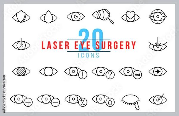 Fototapeta Set of icons for eye laser clinic. Outline illustration vector. Pictogram for web page, mobile app, promo. UI UX GUI design element. Editable stroke.
