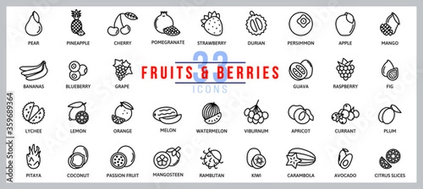 Fototapeta Set of icons fruits and berries. Outline illustration vector. Pictogram for web page, mobile app, promo. UI UX GUI design element. Editable stroke. Vector.