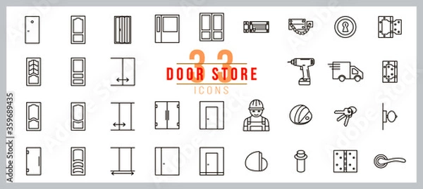 Obraz door, folding door, entrance door, glass door,  latch, lock, hinges. Interior design thin linear signs for house decor. Editable stroke.