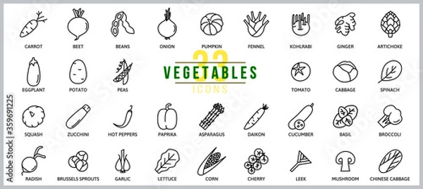 Fototapeta Set of icons vegetables. Outline illustration vector. Pictogram for web page, mobile app, promo. UI UX GUI design element. Editable stroke. Vector.