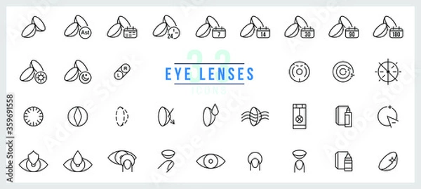 Obraz Simple Set of Eye Lens Related Vector Line Icons. Contains such Icons as Use time, Protection Container, Astigmatics, Lenses type, Solution and more. Editable stroke.