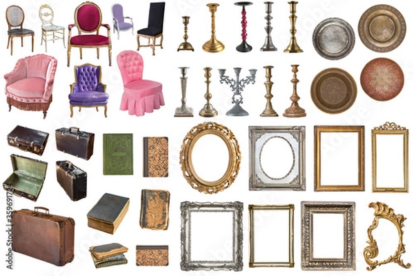 Fototapeta Set of beautiful antique items, picture frames, furniture, silverware. Retro. Vintage. Isolated on white background