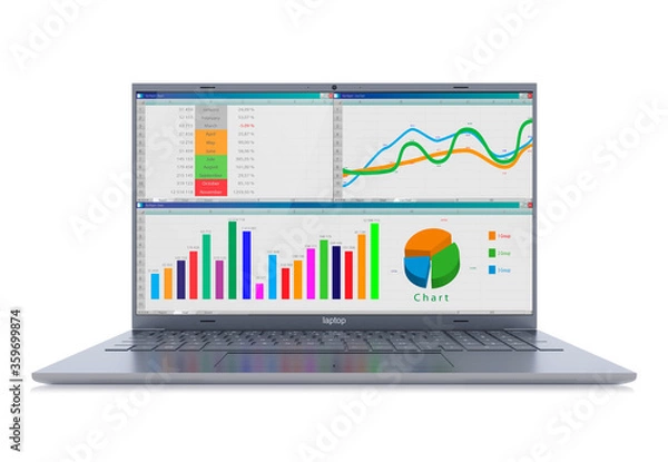 Fototapeta Enterprise financial report with graphs and charts on a screen of modern laptop, front view isolated on white background. Selective focus on display and keyboard. Profit growth chart. 3d rendering