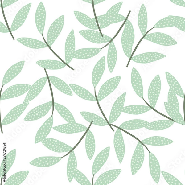 Fototapeta Hand drawn branches with leaves seamless pattern isolated on white background. Decorative vector ornamental spring endless wallpaper.