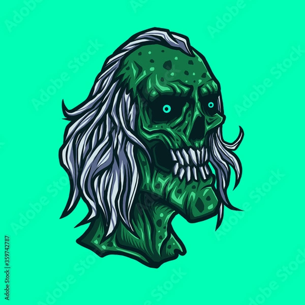 Fototapeta Vector illustration of Creepy Green Zombie Head with white hair on the Blue Background. Hand-drawn illustration for mascot sport logo badge label poster emblem patch t-shirt icon printing. Vector Logo