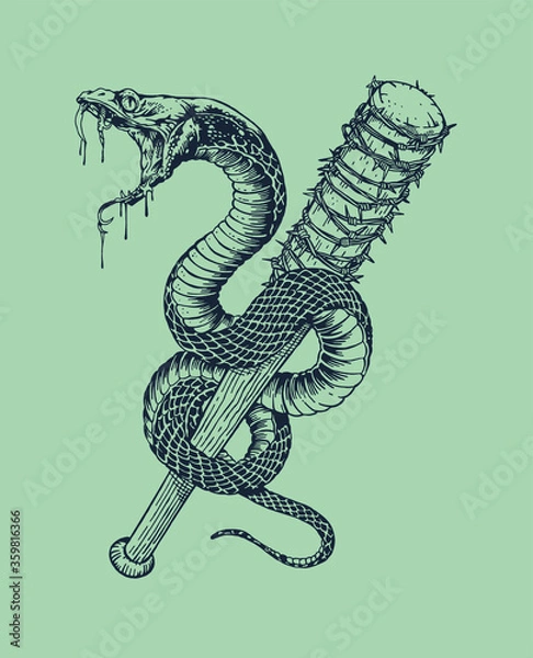 Obraz Vector illustration of snake wrapped in baseball bat with barbed wire.
