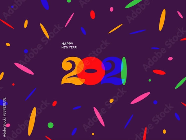 Fototapeta Happy New Year 2021 logo text design. Vector modern minimalistic text with numbers. Concept design. Christmas background with blur, boken, light, glare effects, stars, snowflakes, snow.