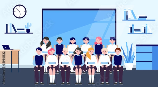 Fototapeta School students posing for class photo in classroom. Teen boys and girls in uniforms sitting in rows near blackboard. Vector illustration for memory, classmates, education concept