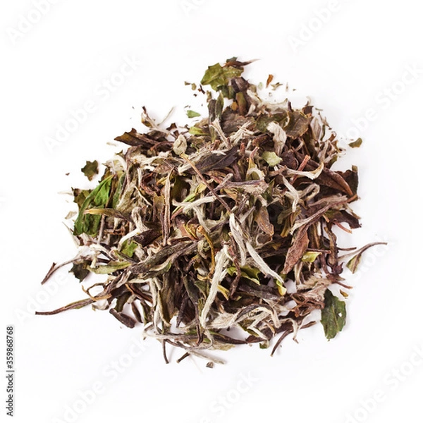 Fototapeta Heap of Bai Mu Dan (White Peony) chinese white tea isolated on a white background.