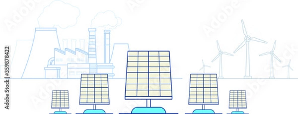 Obraz solar batteries, in the background is the wind turbine and the plant that emits smoke,illustration,vector.