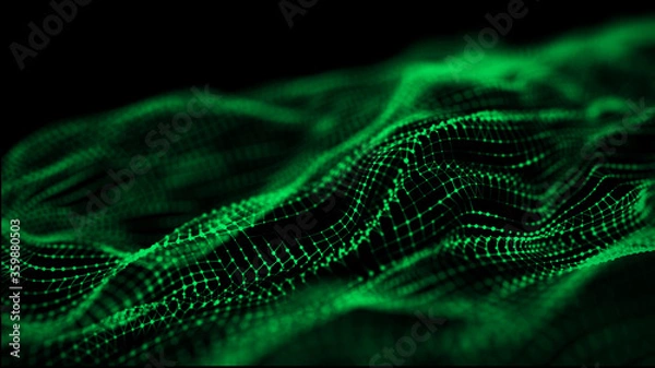 Obraz Dynamic particles wave. Green dots on black background. Digital landscape. 3d rendering. Big data visualization 3D. Futuristic backdrop for design, wallpaper.