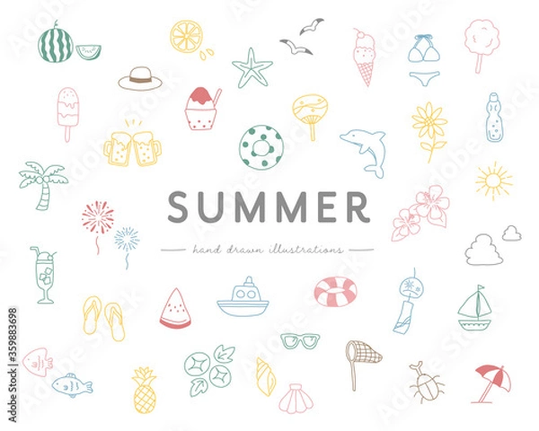 Fototapeta 手書きの夏アイテムのイラストのセット／おしゃれ／ビーチ