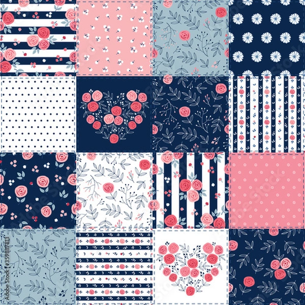 Fototapeta Cute vintage patchwork background with different flowers and leaves patterns for fashion, textile, gift wrap, wallpapers, print and scrapbook. Vector illustration.