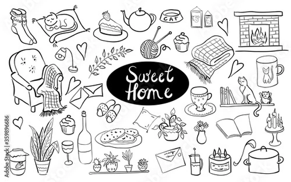 Fototapeta Sweet cozy home hand drawn set isolated vector illustration