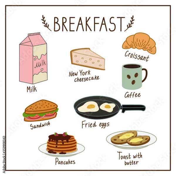 Obraz Breakfast. Breakfast Set. Simple vector illustration isolated on white background.