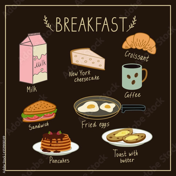 Obraz Breakfast. Breakfast set on a brown background. Simple vector illustration isolated on white background.