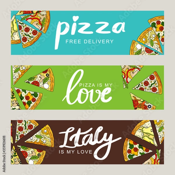 Fototapeta Pizza banner template hand drawn vector set