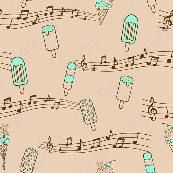 Fototapeta Seamless vector pattern with ice creams on pink background. Cute sweet food wallpaper design with music. 