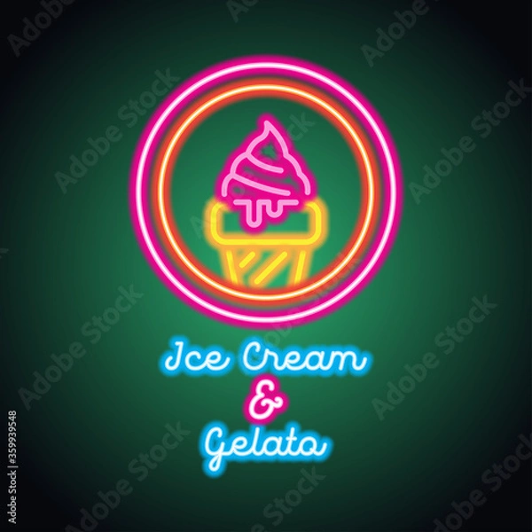 Fototapeta ice cream neon sign for ice cream advertisement. vector illustration	