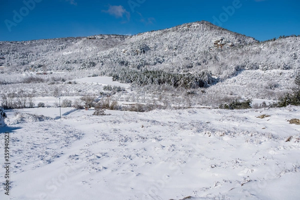 Fototapeta Panorama of a snow covered mountain in Catalonia, Spain. Beautiful winter landscape