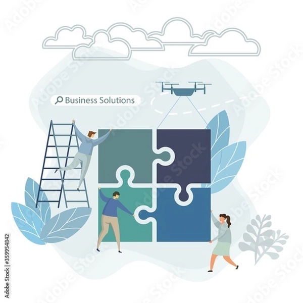 Fototapeta Business flat concept. Team puzzle metaphor. People connecting puzzle elements. Flat illustration flat design simple style. Symbol different races teamwork, heterosexual cooperation, partnership