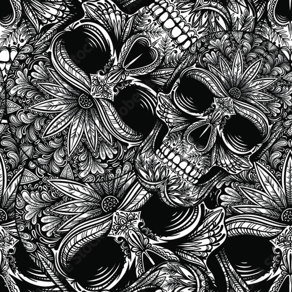 Obraz Vector Black and White Sugar Skull Seamless Pattern
