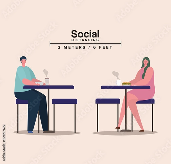 Fototapeta Social distancing between woman and man on tables with coffee mugs design of Covid 19 virus theme Vector illustration