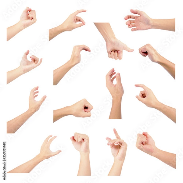 Fototapeta hand of asian man in gestures with hand gesture collection set multiple isolated on white background