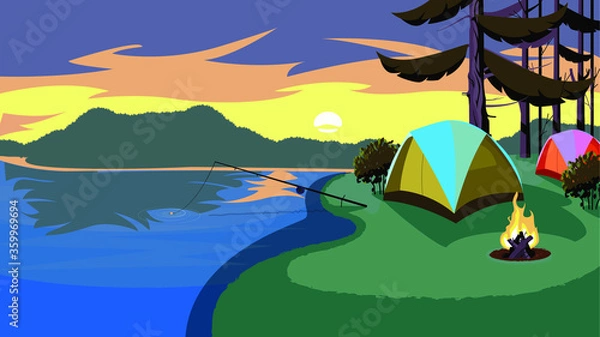 Fototapeta Night camping on shore. Outdoor lifestyle concept. Banner for site on camping, traveling, nature,  forest theme