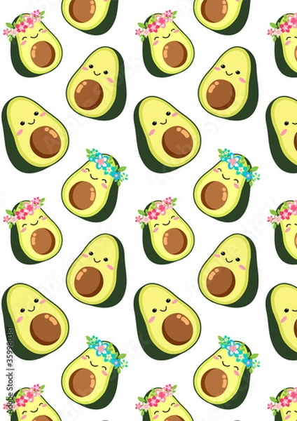 Obraz Cute cartoon avocado couple: a boy and a girl in a wreath of pink blue flowers. Two green halves of an avocado with a smile. Wallpaper seamless pattern, vector illustration isolated white background