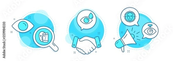 Fototapeta Eye laser, Face detect and Face biometrics line icons set. Handshake deal, research and promotion complex icons. Eye drops sign. Optometry clinic, Select target, Facial recognition. Vector