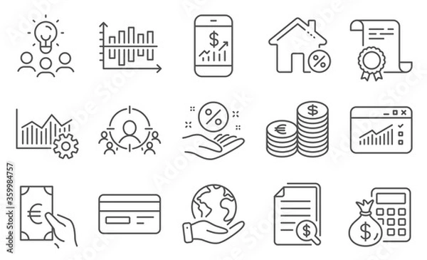 Fototapeta Set of Finance icons, such as Credit card, Finance calculator. Diploma, ideas, save planet. Web traffic, Finance, Loan house. Business targeting, Financial documents, Currency. Vector